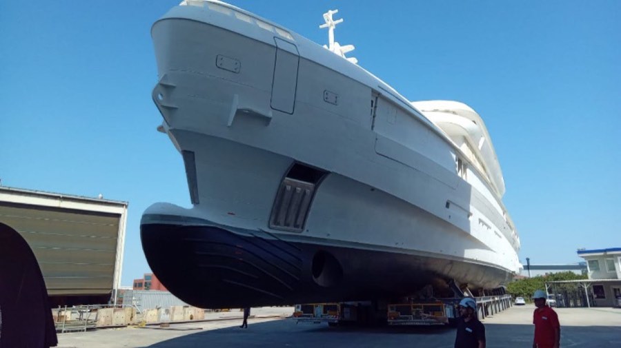 A hull on blocks ashore for refit.